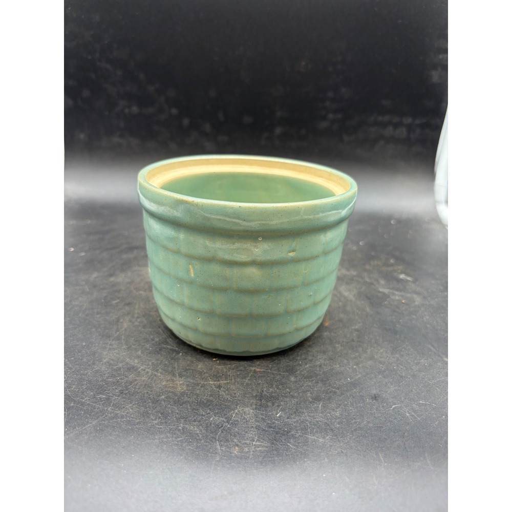 Vintage USA 1 Basketweave Stoneware Crock Sage Green Ceramic Planter Pot